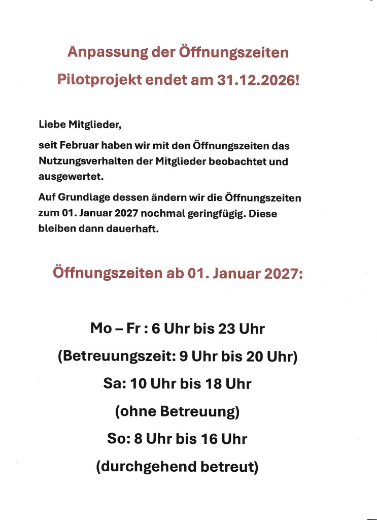 Öffnungszeiten ab 01.01.2027